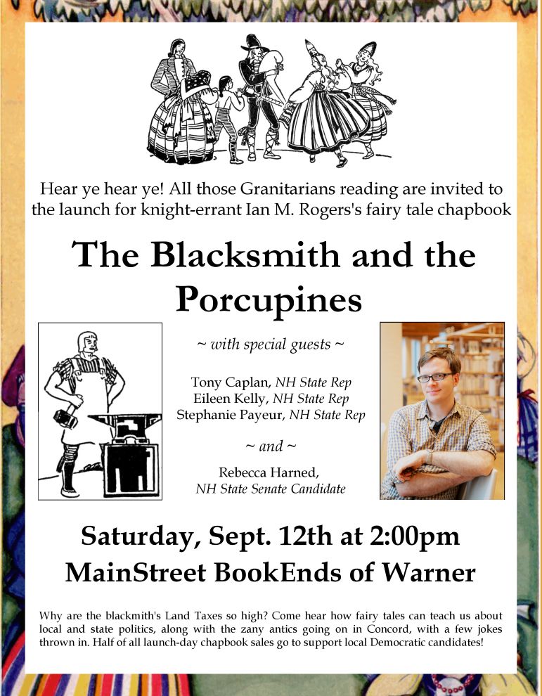 Flyer for 'The Blacksmith and the Porcupines' Book Launch event.